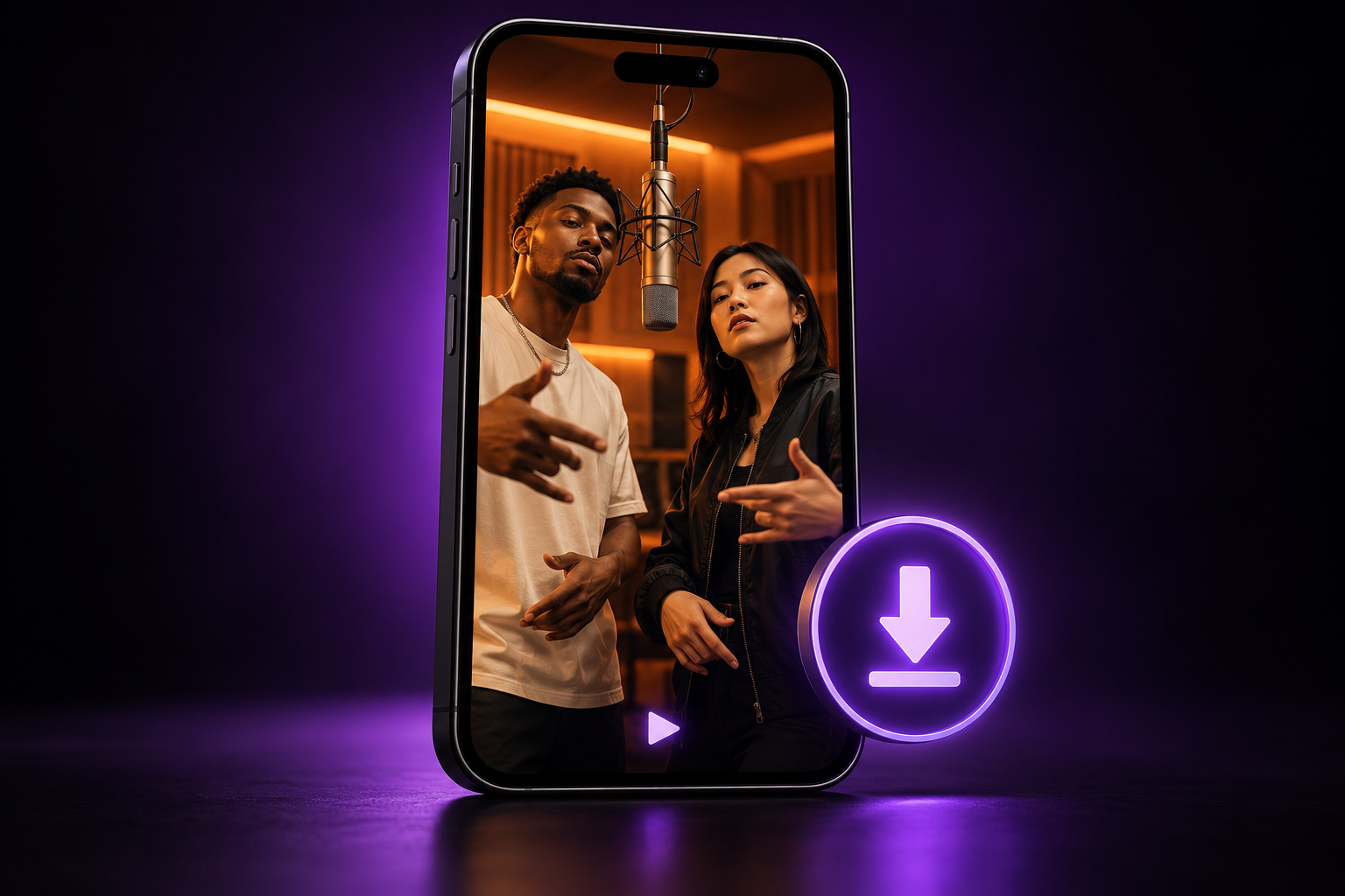 AI-generated illustration of a finished rap duo video on a phone with a download arrow