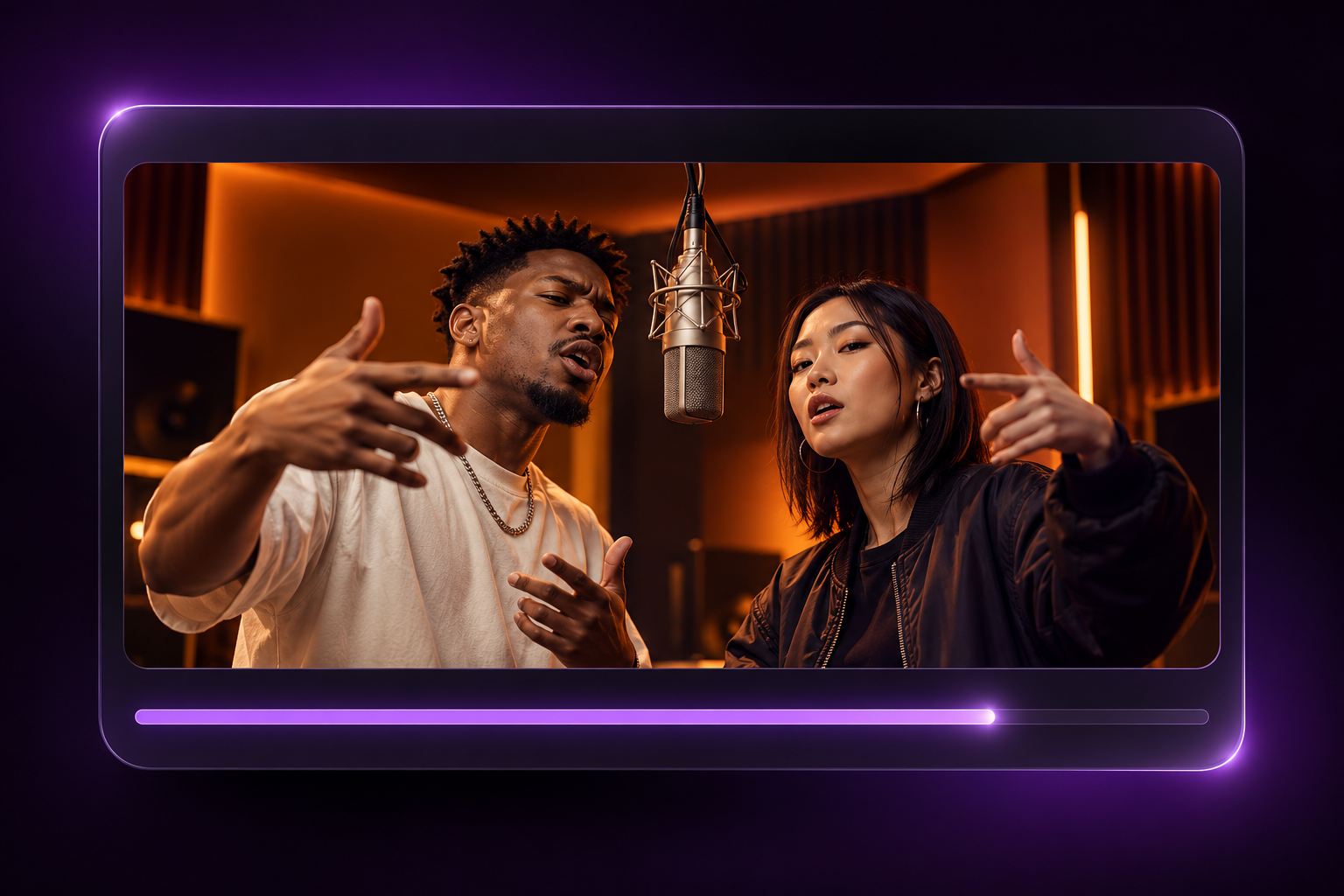 AI-generated illustration of two rappers performing into a studio microphone during video generation